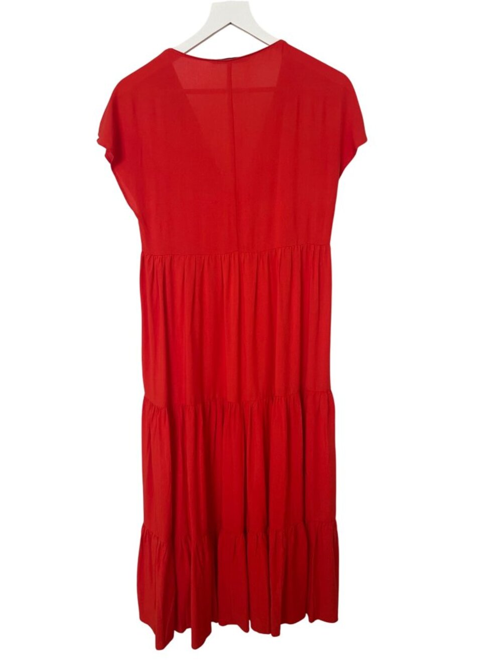 Zara Tiered Midi Dress Red Orange V-Neck Lightweight Linen Blend - Picture 4 of 4
